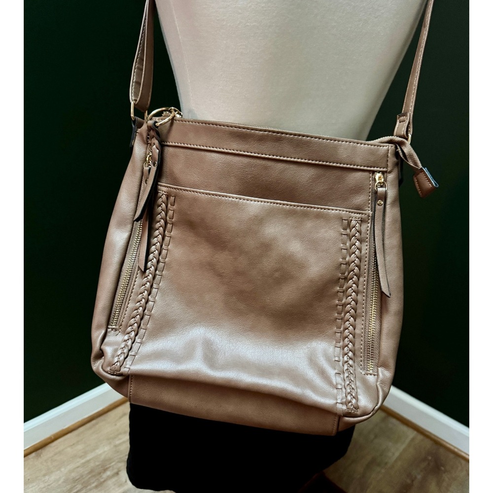 Brown Faux Leather Crossbody Bag with Braided Detail and Gold‎ Hardware